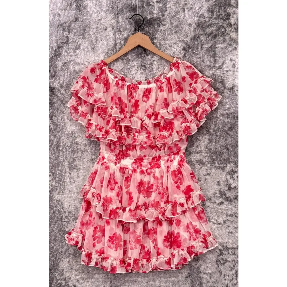 New MISA Los Angeles Dress Medium Womens Floral Ruffle Off The Shoulder Mini